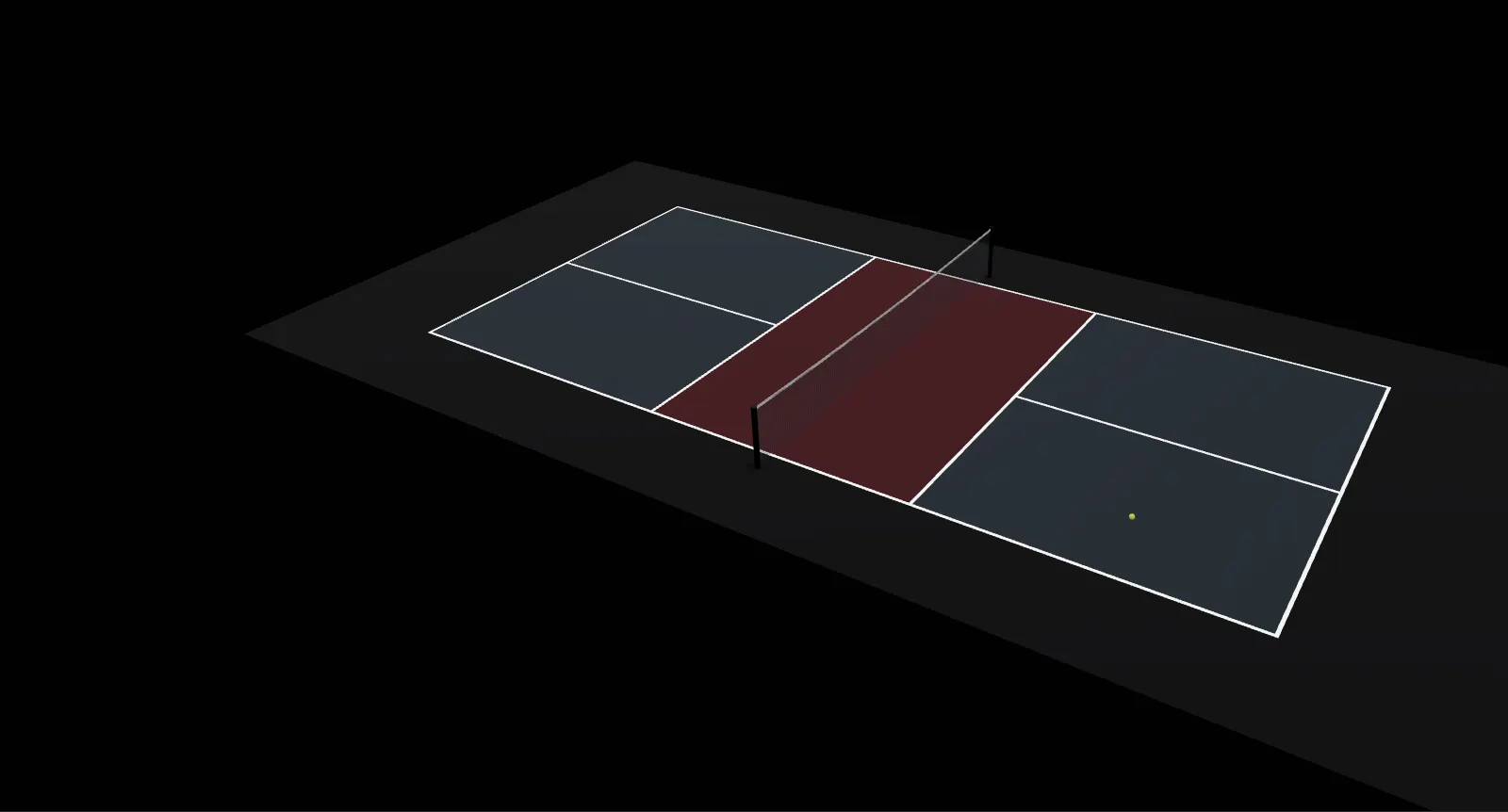 Illustration of a regulation 20 by 44 foot pickleball court with a net and a ball resting in a service court.
